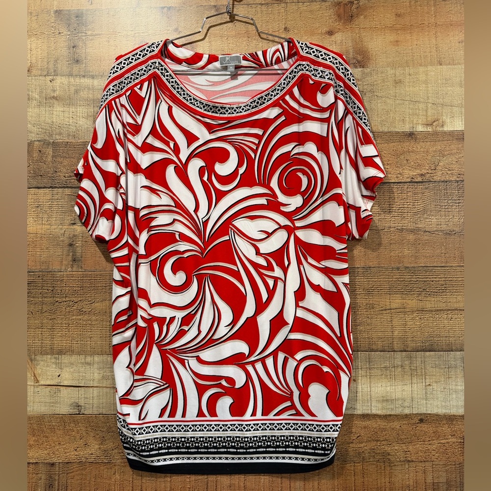 JM Collection Red and White Swirl Short Sleeve Top Size 3XL